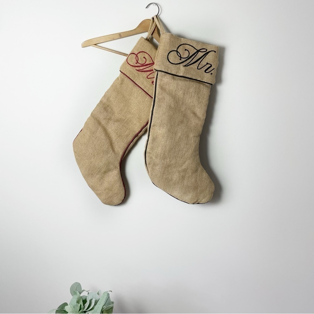 Christmas Brown Burlap Mr. & Mrs. Holiday Stocking Set
